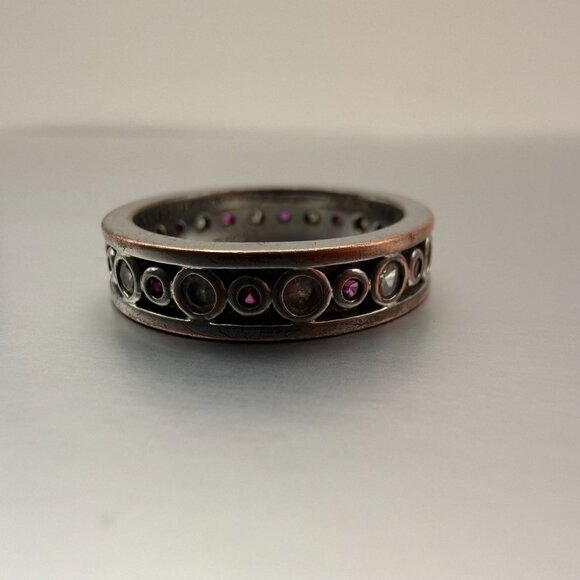 VTG 925 Sterling Silver Dainty Band Red & Clear CZ Circle Pattern Women’s Ring - Picture 2 of 7